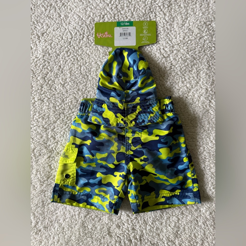 UV Skinz Boys Camo Swim Trunks & Sun Hat Set 12/18 Months New with Tags